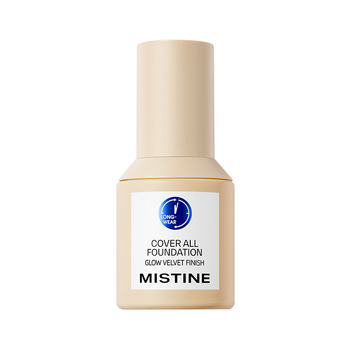 Mistine Little Blue Shield Liquid Foundation ຕິດທົນດົນ ແລະ ບໍ່ຂັດເຄື່ອງແຕ່ງໜ້າສຳລັບຜິວແຫ້ງ ແລະ ຜິວມັນ.