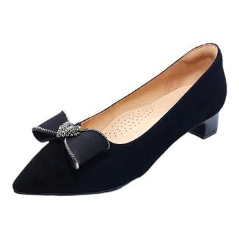 Hazen spring new pointed bow sheep suede single shoes women's leather shoes thick heel black shoes HS237912