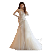 Fishtail light wedding dress bride 2024 new beautiful super fairy wedding dress tube top long sleeves two wear door veil long tail