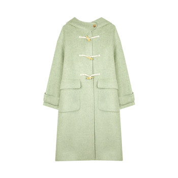 BLUEerror 牛角扣连帽羊驼毛双面毛呢外套女冬季中长款呢子大衣