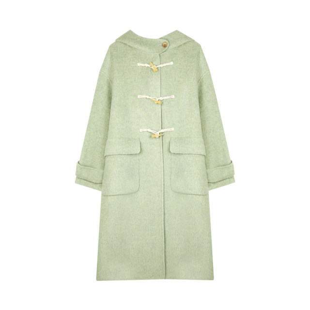 BLUEerror 牛角扣连帽羊驼毛双面毛呢外套女冬季中长款呢子大衣