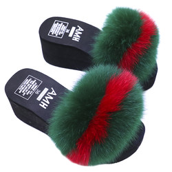 Women's summer new fur slippers, fox fur slippers, thick-soled wedge heels, high-heeled sandals, platform shoes