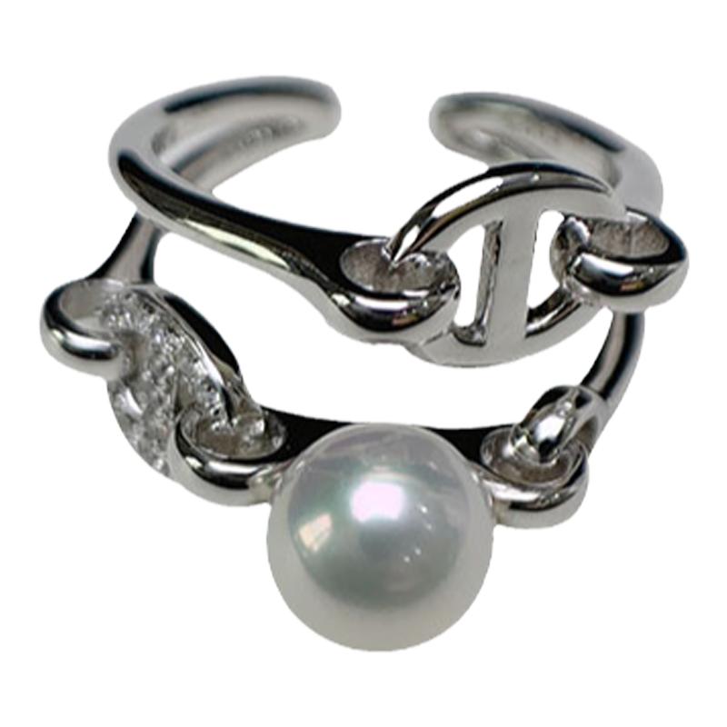 <Jisong> Ins style double layer pig nose ring 925 sterling silver freshwater pearl ring opening fashionable and western style