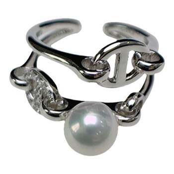<jisong> ins style double layer pig nose ring 925 sterling silver freshwater pearl ring opening fashionable and western style