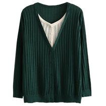 Plus size womens v-neck fake two-piece sweater 2023 spring new thin sweater jacket elastic hollow top