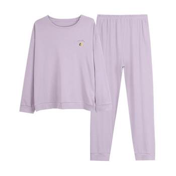 New Step 2024 New Pure Cotton Pajamas Women's Solid Color Embroidered Round Neck Spring and Autumn Long Sleeve Home Clothes Two-piece Suit