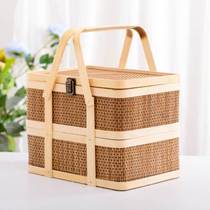 High-end N double-layer bye-bye portable bamboo basket bamboo basket bamboo woven gift storage basket with lid household portable basket year