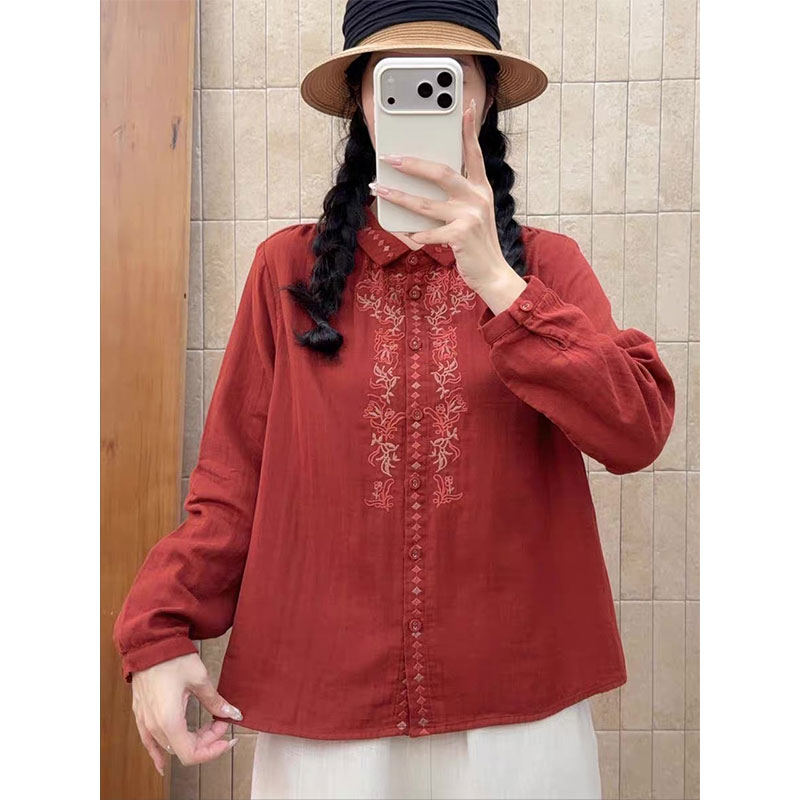 เสื้อเชิ้ตผ้าฝ้ายแท้ 100% รุ่นใหม่ สำหรับสตรี 26 แบบเรียบง่าย แต่ทันสมัย ใส่ทำงานในช่วงต้นฤดูใบไม้ร่วง ทรงหลวม ปกพับลง แขนยาว ปักลาย แมทช์ลุคง่าย