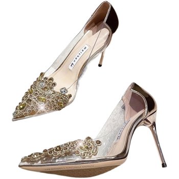 2024 ພາກຮຽນ spring ໃຫມ່ heel ສູງແມ່ຍິງ Stiletto Pointed Crystal Rhinestone Retro ໂປ່ງໃສ Wedding Bridal ເກີບດຽວເກີບ