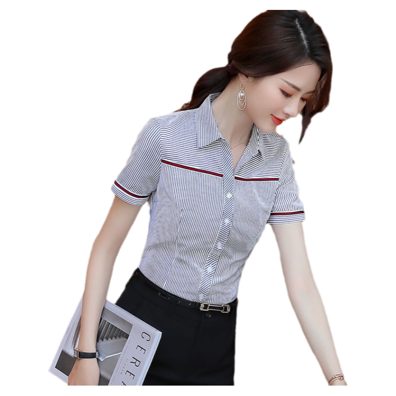 女衬衫职业细竖条纹短袖衬衫女前台酒店银行正装衬衣服务员工作服
