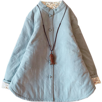 ຮູບແບບຈີນວັນນະຄະດີ retro ຢືນ collar disc buckle ຝ້າຍແລະ linen jacquard quilted ຂະຫນາດໃຫຍ່ຂະຫນາດຝ້າຍເປືອກຫຸ້ມນອກຂອງແມ່ຍິງລະດູຫນາວຝ້າຍ jacket ຝ້າຍ