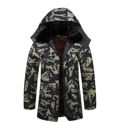 Work padded jacket men's camouflage padded jacket winter jacket cotton jacket men's plus velvet thickened mid-length labor insurance tooling coat