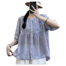 Cotton Linen Shirt Woman Summer 2024 New temperament Aging Round Collar Display Slim Dolls Ramee Loose Half Sleeve Blouse