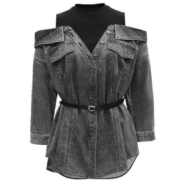 VeroModa denim patchwork off-the-shoulder shirt