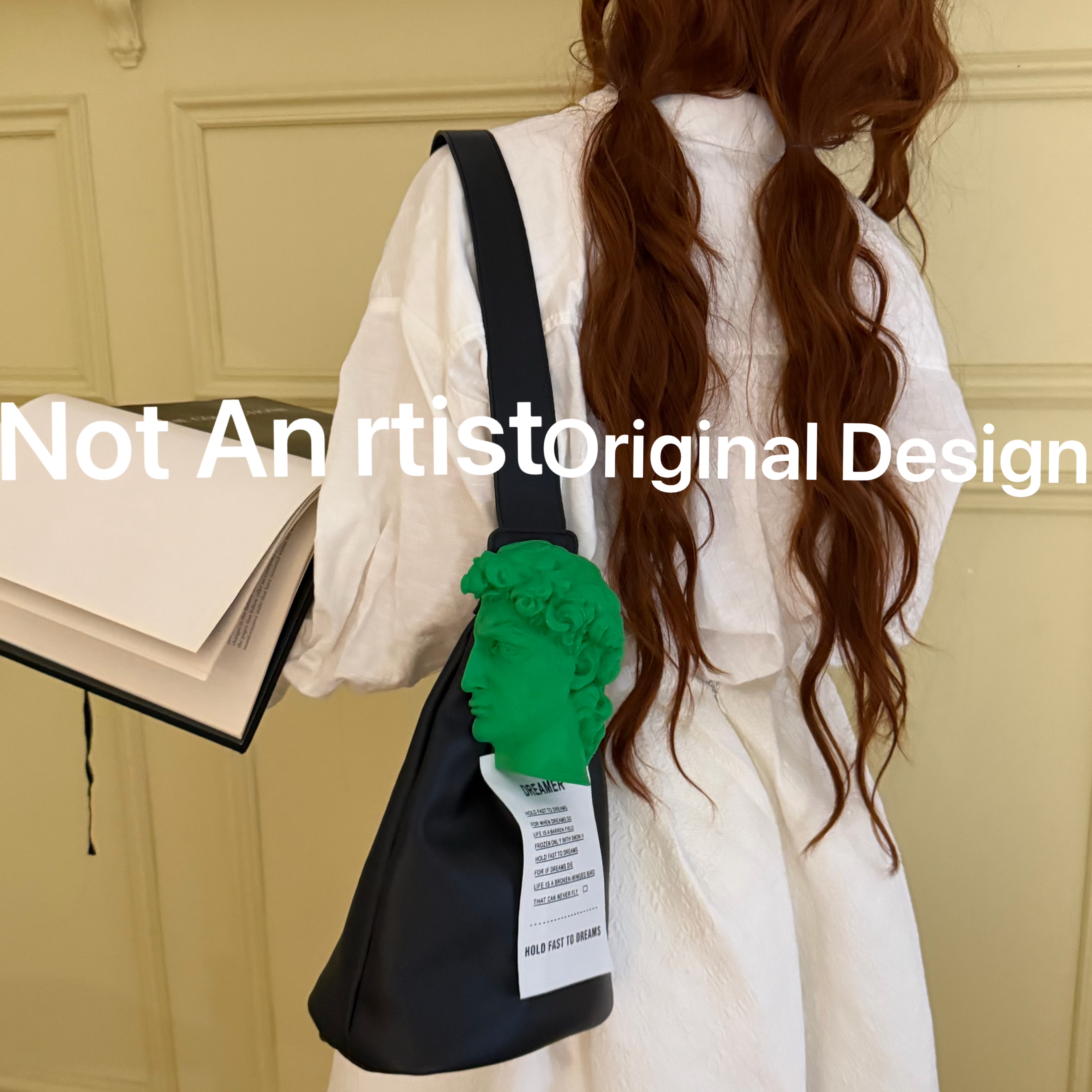 Niche design David sculpture crossbody bag for women, green 3D head artistic bag, trendy and cool single shoulder/chest bag.