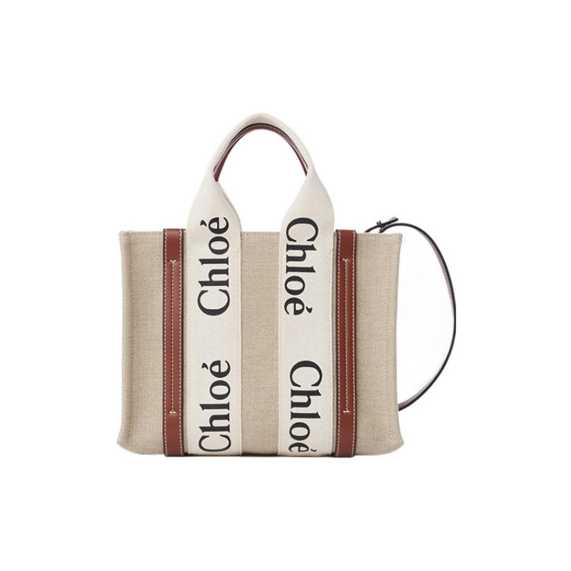 Chloé Woody Logo Printed Webbing Cotton Canvas with Smooth Calfskin Tote Bag Tot