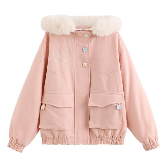 森女部落甜美风百搭毛绒连帽棉服女2025新款宽松粉色保暖外套冬季