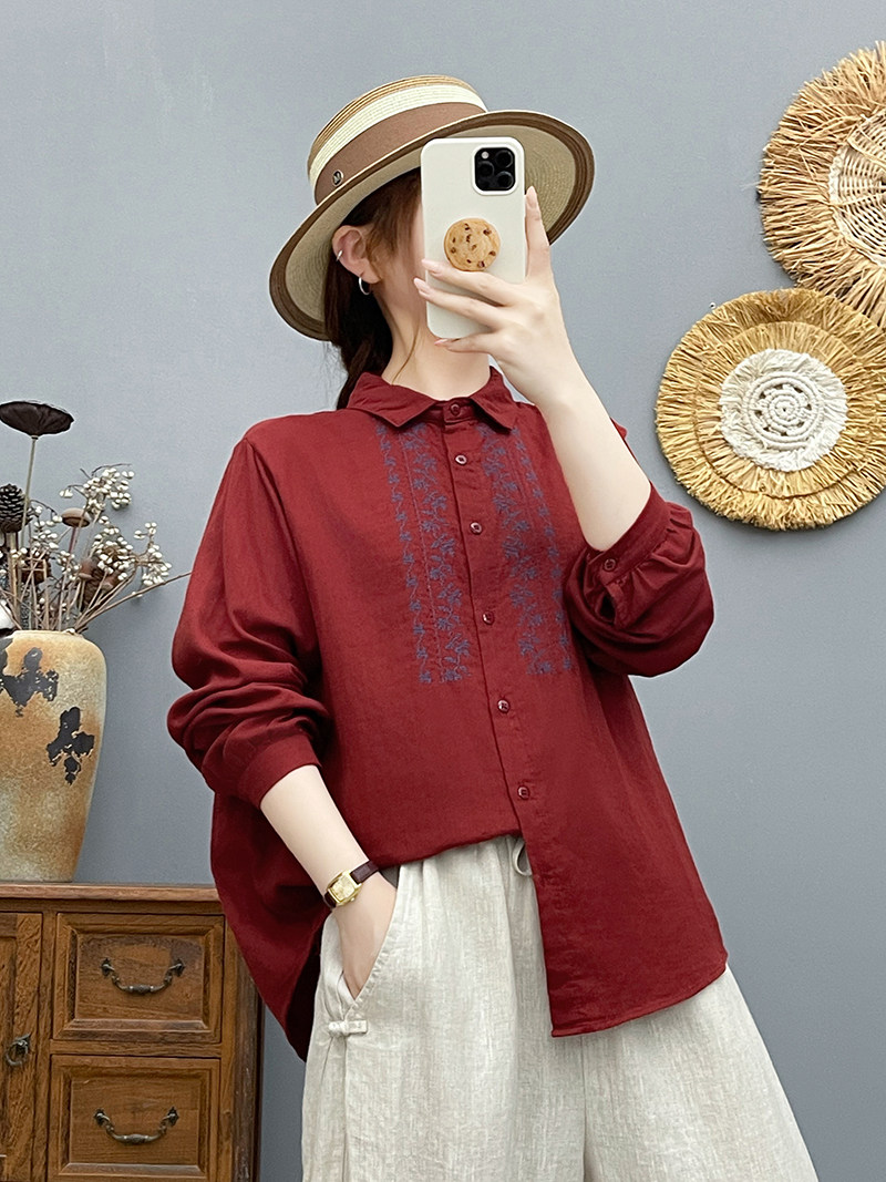 เสื้อเชิ้ตปักลายดอกไม้ ผ้าสาลูคอตตอนแท้ สไตล์ใหม่ สำหรับฤดูใบไม้ผลิและฤดูใบไม้ร่วง แขนยาว ปกพับลง ผ้าฝ้ายแท้ ใส่ลำลอง ทรงหลวม แมทช์ลุคง่าย