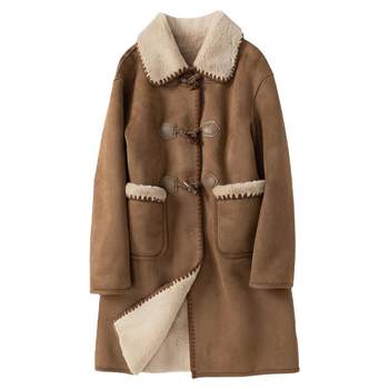 Xiangying horn button suede coat for women 2023 winter new style fur one-piece mid-length plus velvet camel coat
