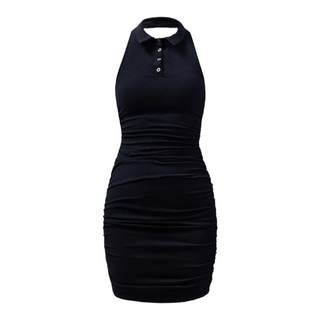 AlphaGym美式复古POLO领挂脖连衣裙修身褶皱包臀短裙女带胸垫