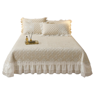 韩式纯色夹棉床盖单件蕾丝花边A类加厚床单三件套公主风四季通用