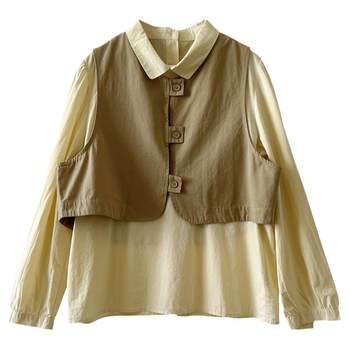 ເສື້ອ doll collar suit women's spring and autumn new loose slimming age-reduction puff sleeve cotton vest two-piecet