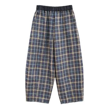 2024 Summer Linen Pants ຂອງແມ່ຍິງ Loose Casual Pants Nine-Point Literary Blue Plaid Carrot Pants ແມ່ຍິງສະດວກສະບາຍ linen ວັດສະດຸ