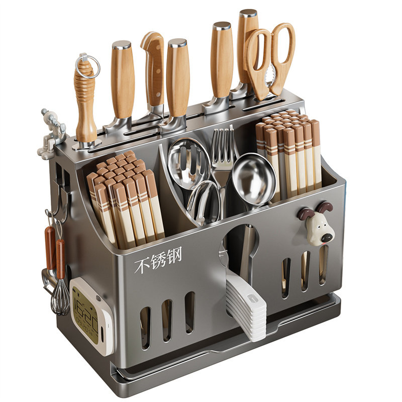 2026 New Stainless Steel Kitchen Knife Rack Storage Rack Multifunctional Vegetable Knife Chopstick Tube Chopstick Cage Integrated Storage Box