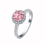 彩色宝石粉钻戒指女 圆形微镶纯银镀铂金PT50求婚戒1克拉仿真钻戒