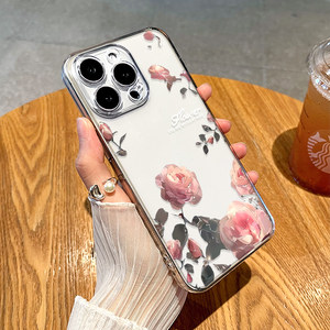 粉红色玫瑰花适用iPhone18苹果17promax手机壳16pro春夏15/14清新13pro花朵xsmax新款x透明xr硅胶6/7/8plus女