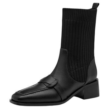 Saturday 2025 autumn and winter new style square toe thick heel elastic slim boots women's thick soled not tiring feet warm women's sock boots