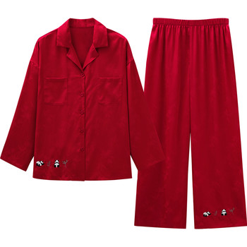 Princess mark couple pajamas women's spring and autumn ice silk red wedding new year's home clothing suit men's
