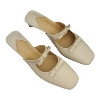 ຮູບແບບໃຫມ່ຄູ່ bow oil leather low square flat thick heel hollow slip-ons half sandals students daily shoes