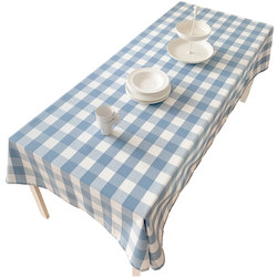 Light blue lattice waterproof and oil -proof table cloth cloth cloth art cotton linen cotton restaurant coffee table cloth desk Gaobu simple and modern