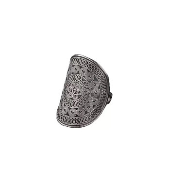 Miao pattern bronze drum flower ring women's wide face simple