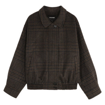 pusumede 复古回潮 毛呢翻领格子外套女宽松设计感羊毛夹克上衣