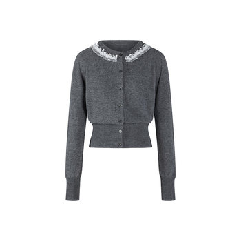 Herlian 2025 new women's sweater handmade three-dimensional flower lace splicing gray slim fit top