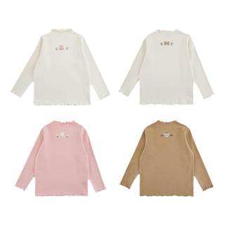 Youyou girls four-color cartoon embroidered bottoming shirt spring and autumn sweet and cute soft and waxy rebound wave dense edge t-shirt trendy