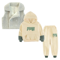 Girls vest suit plus velvet and thickening 2023 new fashionable medium and large childrens sweatshirt childrens autumn and winter three-piece set