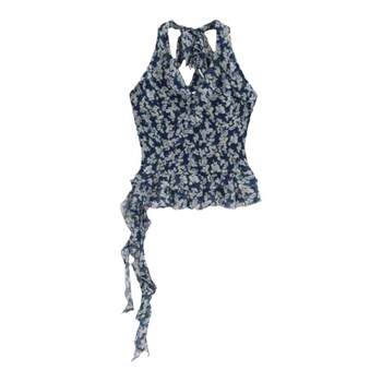 Azure light french retro halter style ruffled lace top printed commuting sleeveless vest two wear