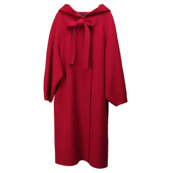 新年红色斗篷小红帽复古腔调加长款大衣双面羊绒羊毛连帽外套女