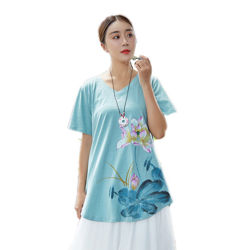 大尺碼女款t恤胖mm夏裝新款手繪荷花胖妹妹寬鬆加肥加大上衣