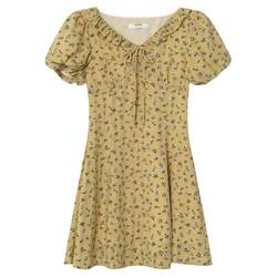 ສະບາຍດີ Canon Ruffled V-neck strap floral dress women's 2024 new waist mid-l length skirt a-line