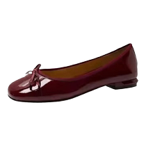 Genuine Leather Wine Red Single Shoes Woman Spring Fall 2024 New Butterfly Knot Style Lacquered Leather Square Head Low With Grandma Shoes