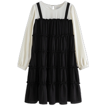 One-piece plus size womens fake two-piece suspender cake skirt for autumn simple and romantic black and white contrasting colors