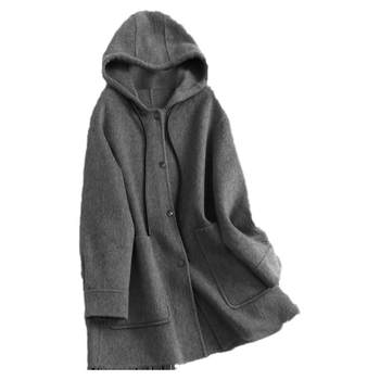 Sheep wool loose hooded mid-length woolen coat for women