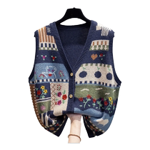 Trendy brand v-neck knitted cardigan vest for women 2023 new autumn and winter loose outer wear vest vest graffiti sweater