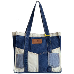 Korean Style Lazy Retro Patchwork Contrasting Color Denim Canvas Bag, Fashionable, Simple, Versatile, Commuting Student Shoulder Tote Bag