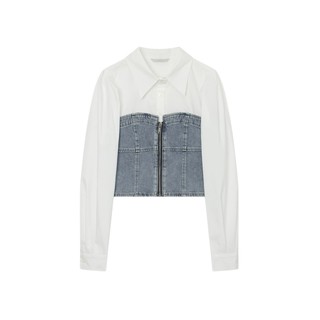 Floating bud stitching denim shirt for women 2025 spring new sweet and fashionable design polo collar long-sleeved shirt