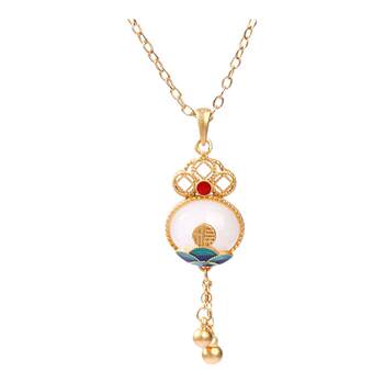 New chinese style ancient gold-plated hetian jade cloisonné national trend coins xiangyunfu word tassel pendant necklace women's pendant